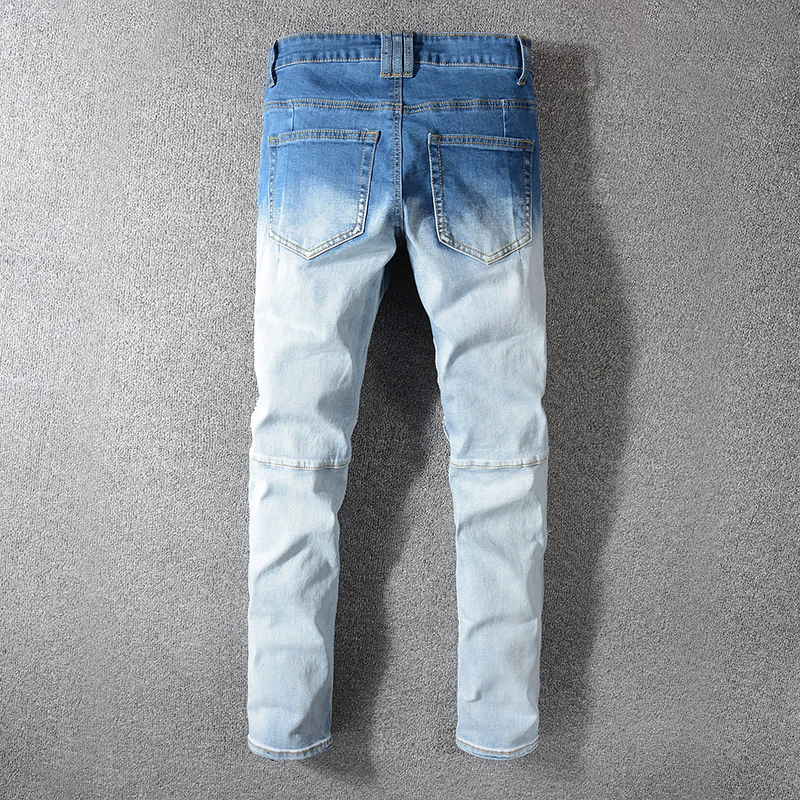 Seveyfan Марка NEW FASHION Hi Street Для мужчин; обтягивающие джинсы для езды на мотоцикле синий градиент плиссированные джинсы для байкеров брэнда джинсы для мужчин