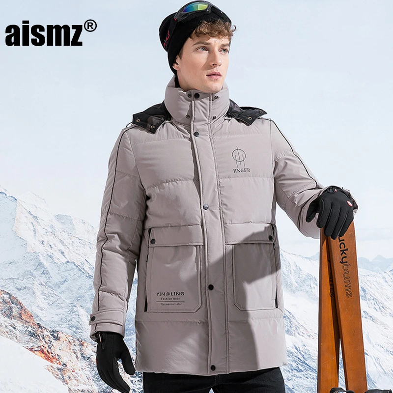Aismz мужская зимняя куртка на 90% белом утином пуху, Модная молодежная теплая Толстая Повседневная Высококачественная длинная куртка со съемным капюшоном, пальто черного цвета и цвета хаки