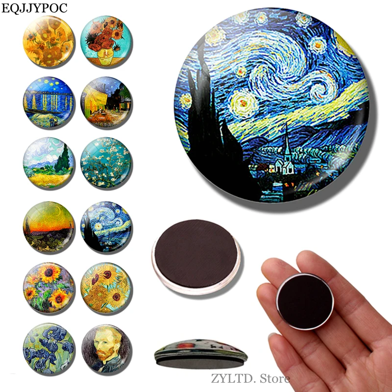 Van Gogh Sunflower Starry Sky Art 30 MM Fridge Magnet Irises Almond Tree Magnetic Refrigerator Stickers Message Board Home Decor