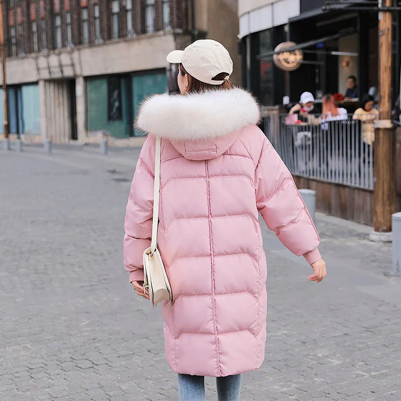 Pink Winter Women Parkas Down Coat Jacket 80% Duck Down Raccoon Fur Hoody Lady Winter Outerwear Coats LF9134 - Color: Pink