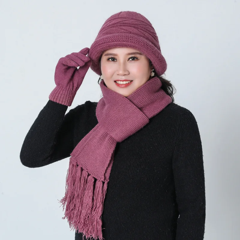 

Bucket Hat Female Winter Skullies Sets Warm Wool Mixed Rabbit Fur Hat Scarf gloves Knitted Beanies Hats Cap Gifts For Wife