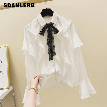 

Lace-up Bow Ruffle Chiffon Shirt Women's 2020 Spring New Bell-Sleeve White Shirt Ladies Office Wear All-match Tops Blouses