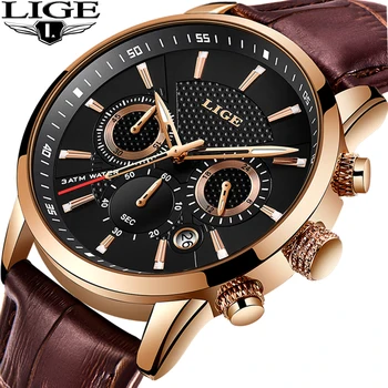 

New LIGE Fashion Gift Mens Watches Leather Analog Quartz Watch 30M Waterproof Chronograph Sport Watch Men Relogio Masculino+Box