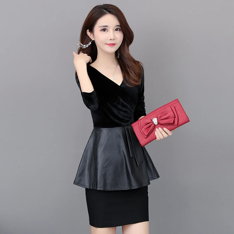  Casual Office Ladies Tops Long Sleeve v Neck Black Ruffles Pu Leather Shirts Bow Sashes Work Wear W