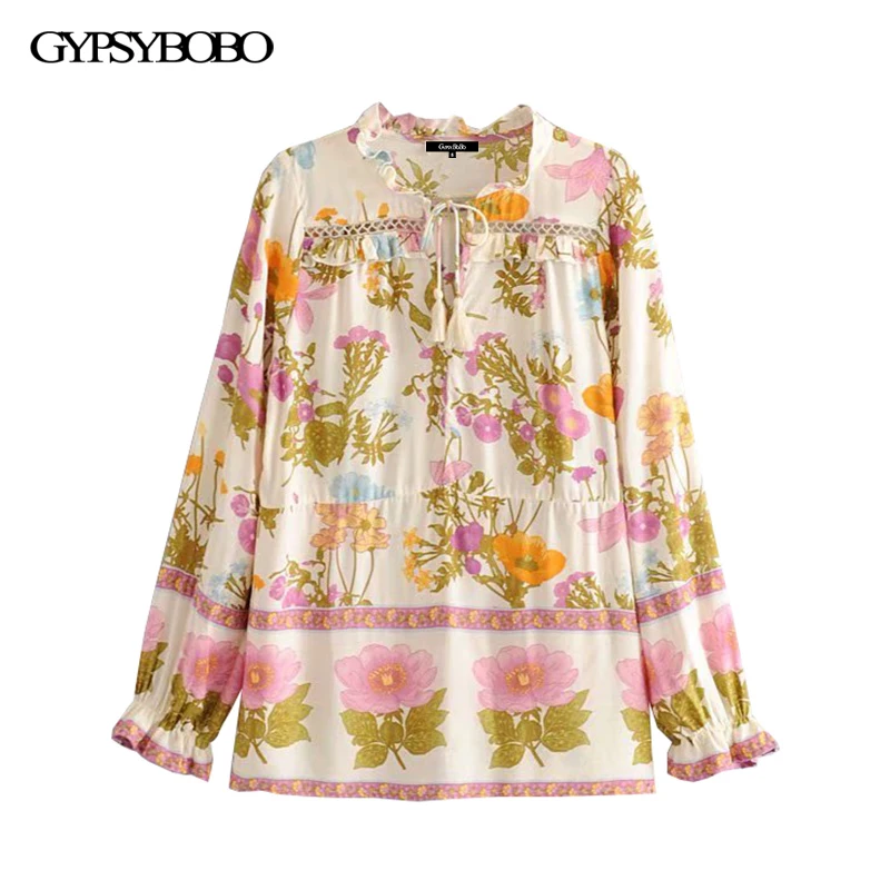 GYPSY Boho шикарная летняя винтажная Цветочная Печать Блузки с оборками Женские Модные кружевные лоскутные пляжные рубашки с кисточками Blusas Mujer