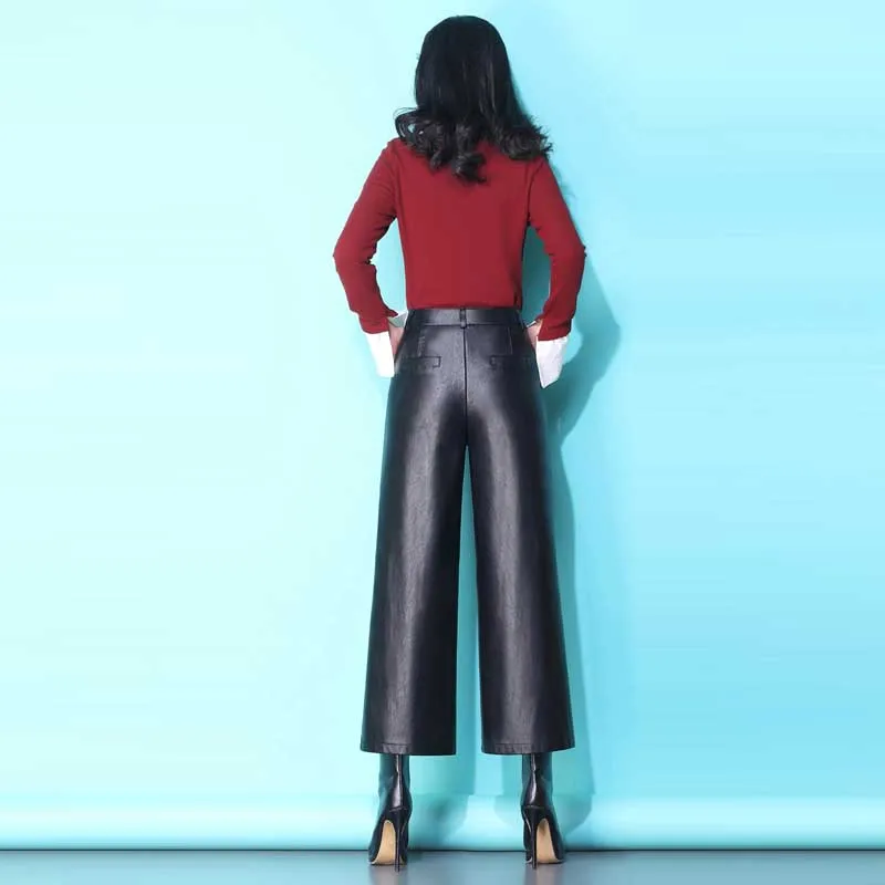 2020 Female High Waist Leather Pants Leather Summer New Fashion Korean Loose Straight Pu Trousers For Women Office Casual Pants