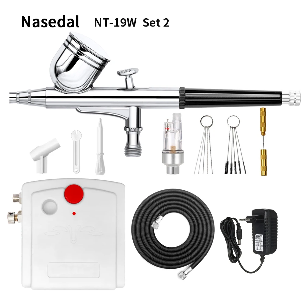 NT-19W Set2 Nasedal двойного действия Аэрограф компрессор комплект аэрограф краски инструмент для очистки пистолета макияж ногтей краски пистолет татуировки тела автомобиля краски - Цвет: NT-19W Set2
