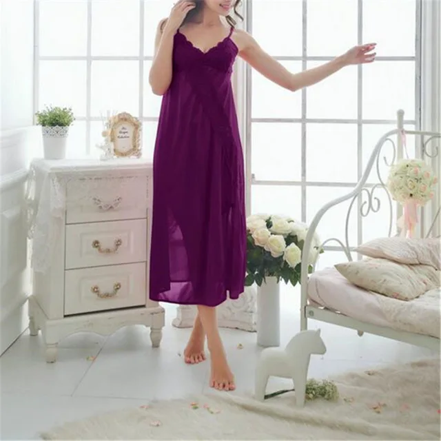 New Arrivals Solid Nightgowns Home Dress Comfortable Sleep Shirts Sexy Nightwear Spaghetti Strap Lace Nightgown Female - Цвет: Purple