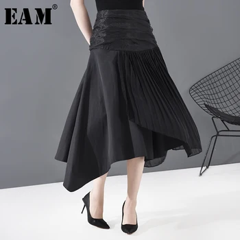 

[EAM] High Elastic Waist Black Chiffon Pleated Asymmetrical Half-body Skirt Women Fashion Tide New Spring Autumn 2020 1N82101