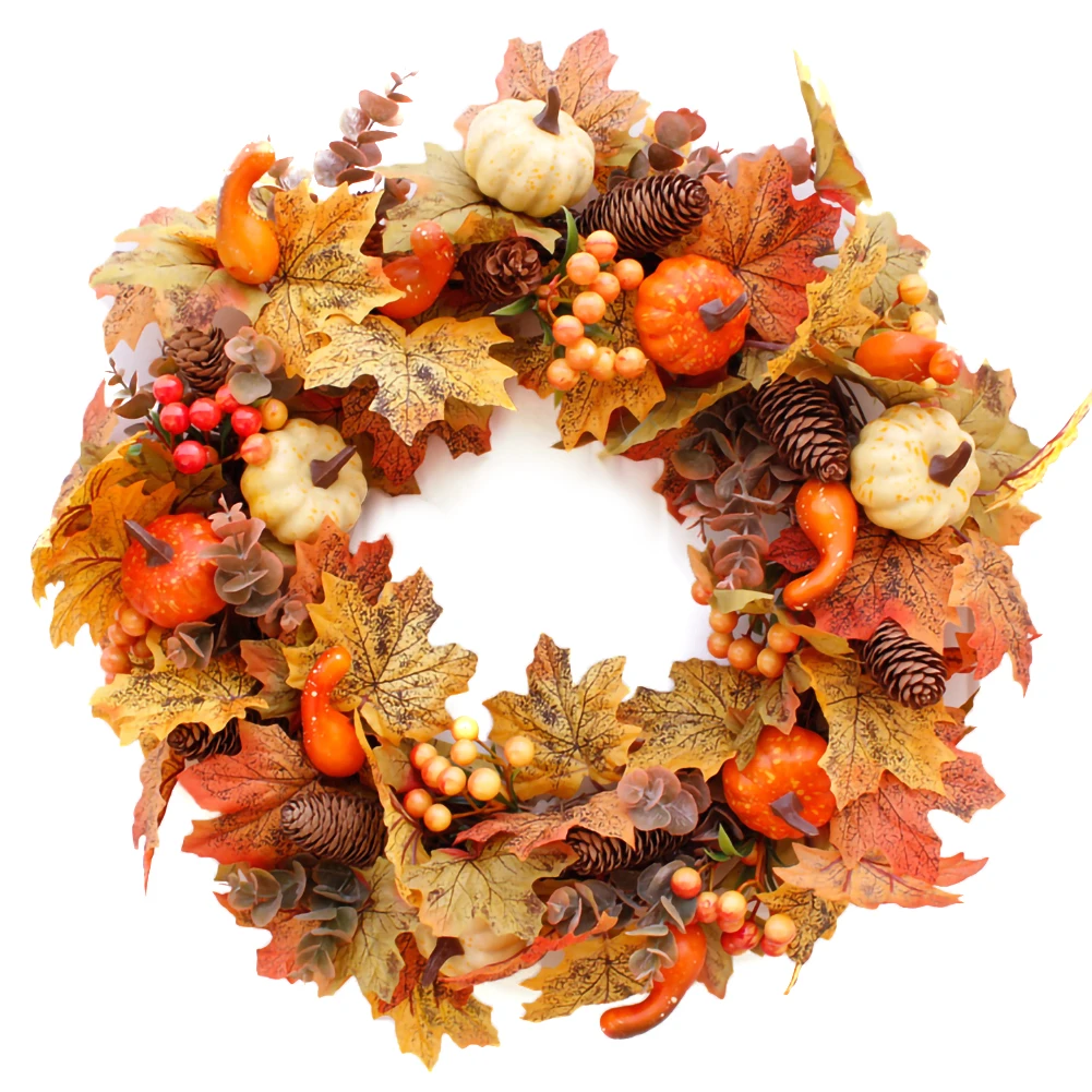 

Thanksgiving Halloween Wreath Pumpkin Berry Decoration Maple Garland Rattan Artificial Fall Wreath Front Door Home
