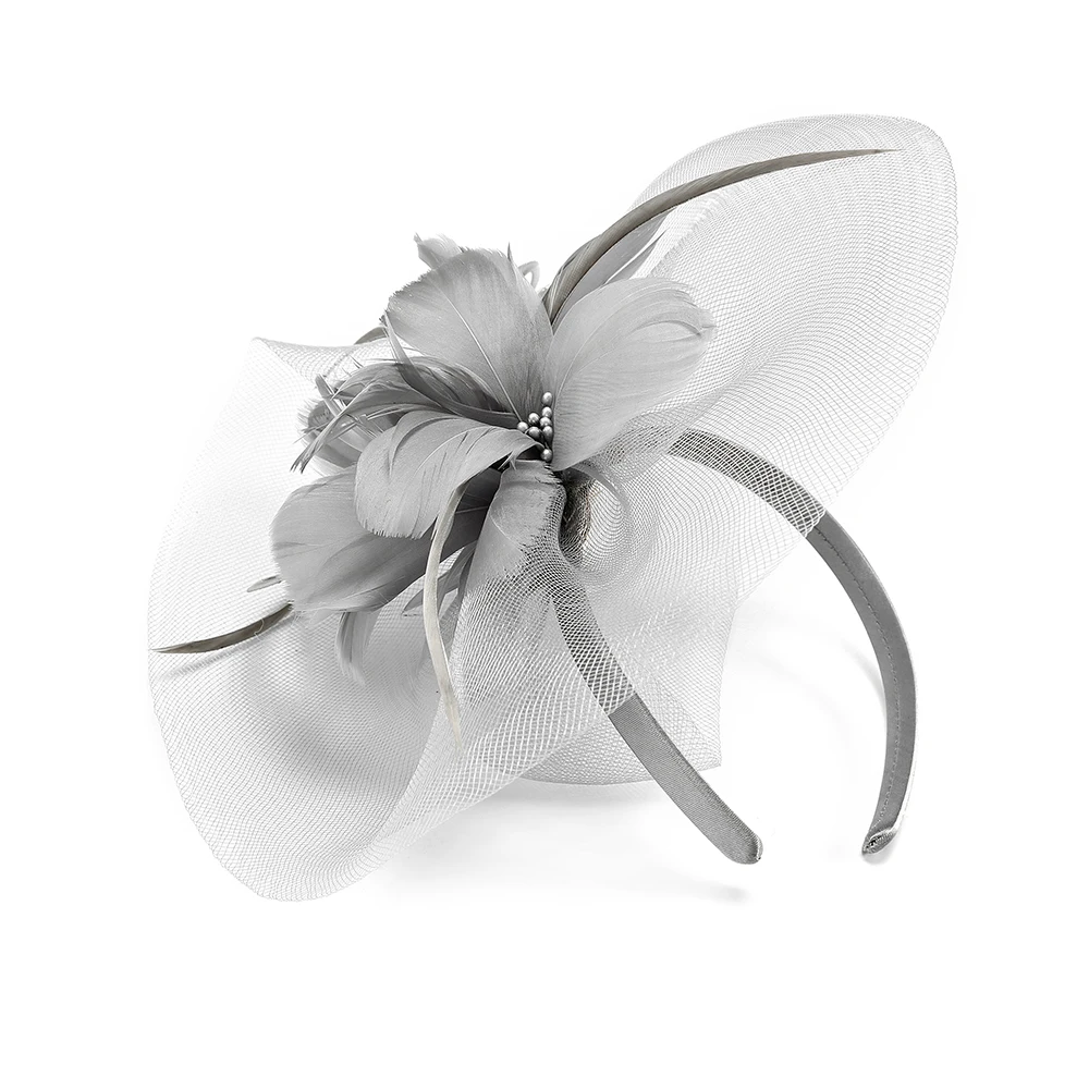 Fascinators Gray Wedding Pillbox Hat For Women Polyester Feather Flower With Veil Fedora Vintage Ladies Church Banquet Party Hat