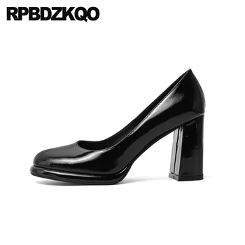 

genuine leather size 4 34 thick black slip on big square toe fashion pumps luxury women shoes high heels 10 42 block patent 2019