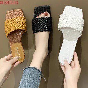 

2020 New Summer Woven Slippers Women Slip On Slides Fashion Brand Square Toe Flat Casual Flip Flops Beach Slippers Slide Sandals