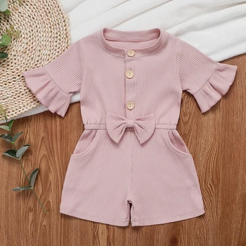 

Pudcoco Toddler Baby Girl Clothes Solid Color Flare Short Sleeve Button Bowknot Romper Jumpsuit One-Piece Outfit Clothes