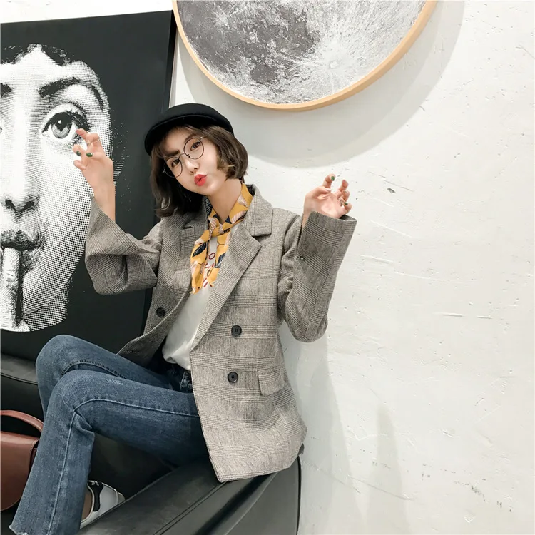 

Photo Shoot 2018 Spring And Autumn Retro England Plaid Double Breasted Slim Fit Slimming Small Suit Jacket Women's