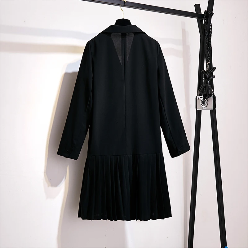 Большой размер, женский осенний Черный Длинный блейзер, платье, пальто для офиса, Женская рабочая одежда, плиссированное платье, блейзер, костюм для полной красоты