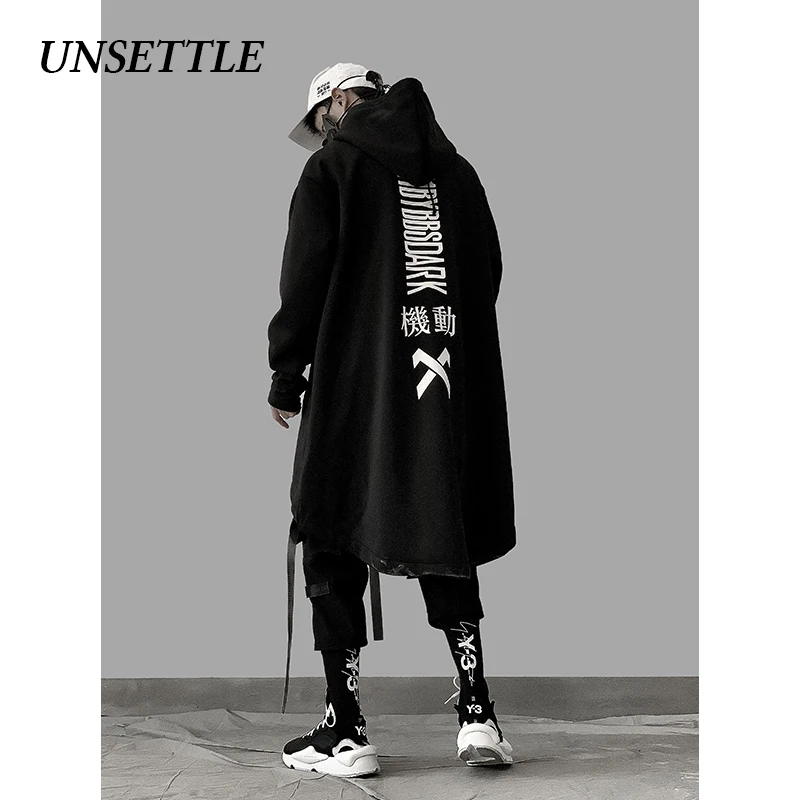  UNSETTLE japanese sweatshirt Mens Oversize Hoodies Long Fleece Cloak Hip Hop Outwear Streetwear Coa