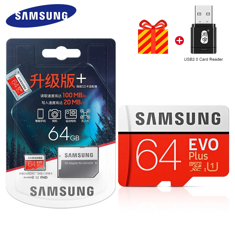 Карта памяти MicroSD SAMSUNG EVO + плюс 256 ГБ высокоскоростной 100 МБ/с. Micro SD U3 Class 10 TF карты