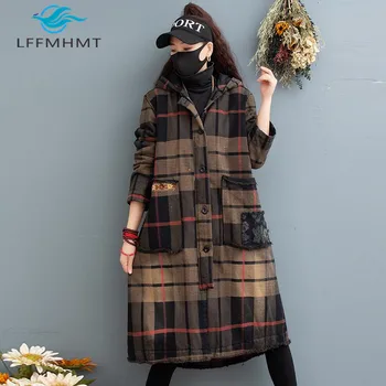 

Women Autumn And Winter Fashion Brand China Style Vintage Plaid Dot Print Hooded Thick Long Coat Padded Female Casual Warm Coat