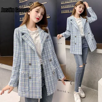 

Blue Checkered Daily Wear Women's Blazer Fashion Retro Female Casual Blazer Double-breasted Jacket Female Large Size For 2019