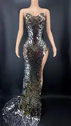 Festival Event Ceremony Anniversary Sparkling Silver Glass Flakes Sexy Slit Long Evening Dresses Pageant  Evening Gown Mermaid