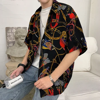 

2020 spring summer new Korean retro printing casual loose wild Hong style bf long sleeve Hot hawaiian shirt ins Free shipping