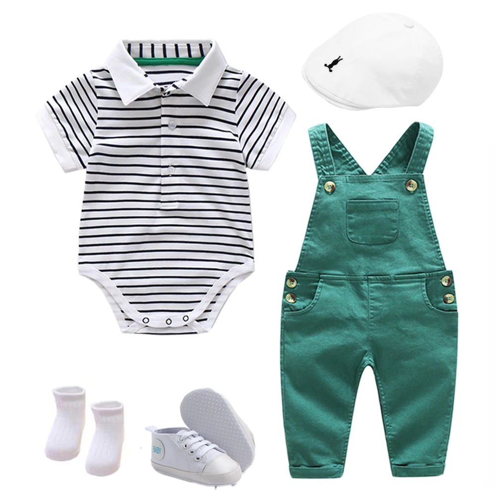 Baby Outfits Baby Boy Outfits Boys Summer Hat Suit Baby Clothes Set Cotton Cap + Striped Romper + Green Jumper Shoes Socks Casual Children Birthday Outfit