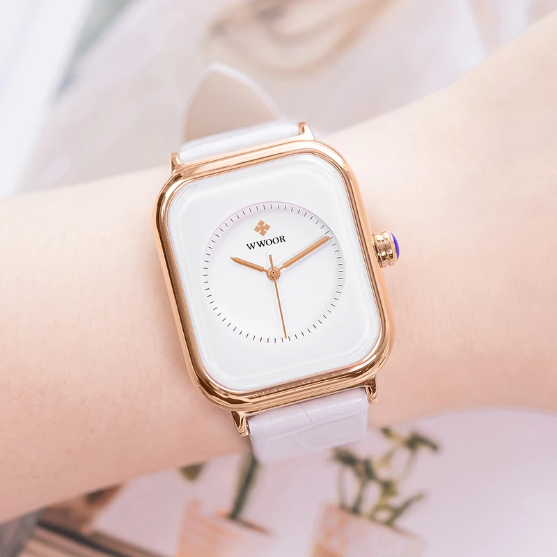 Fashion Women Watches 2021 WWOOR White Leather Minimalist Rectangle Ladies Quartz Dress Wristwatch Relogio Feminino Montre Femme
