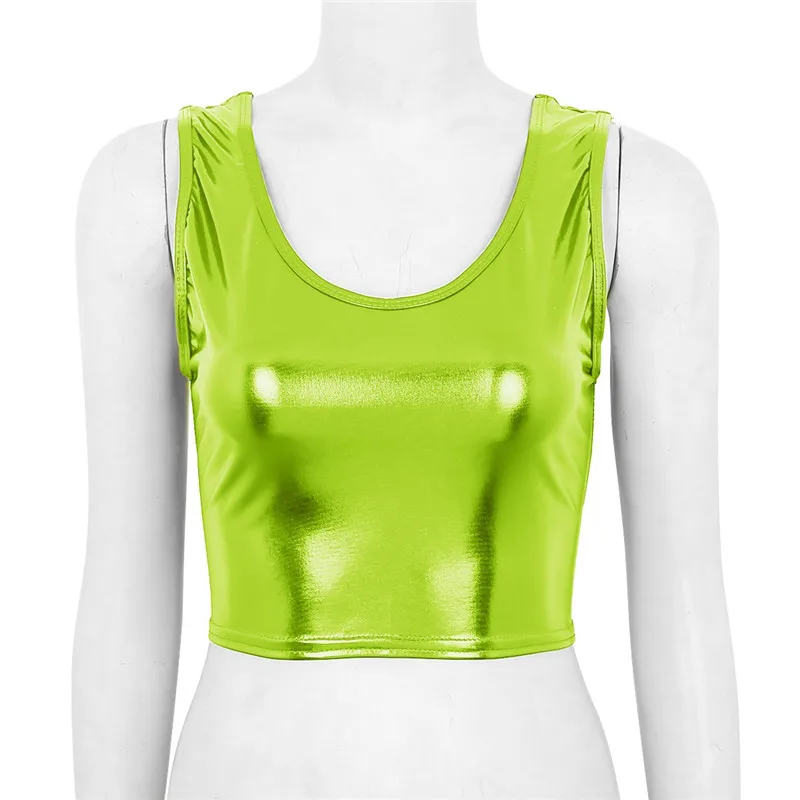 Fluorescent Green Женская Блестящая металлическая сексуальная клубная одежда, майка, укороченные топы с глубоким вырезом, топ-бюстье, блузка, рубашка, майка для танцев на шесте, топы - Цвет: Fluorescent Green