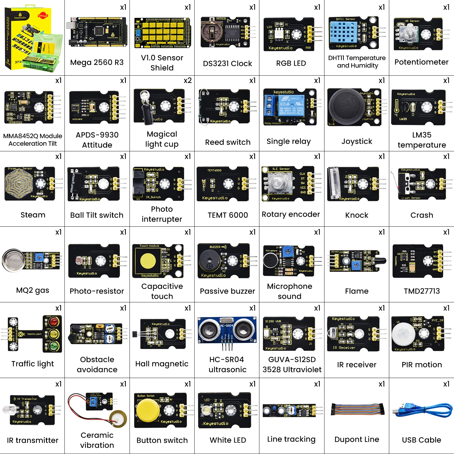 Keyestudio 37 in 1 Box Sensor Kit  V2.0 Mega Controller Board Sensor Electronic Kit For Arduino Starter Kit 37Pcs Modules