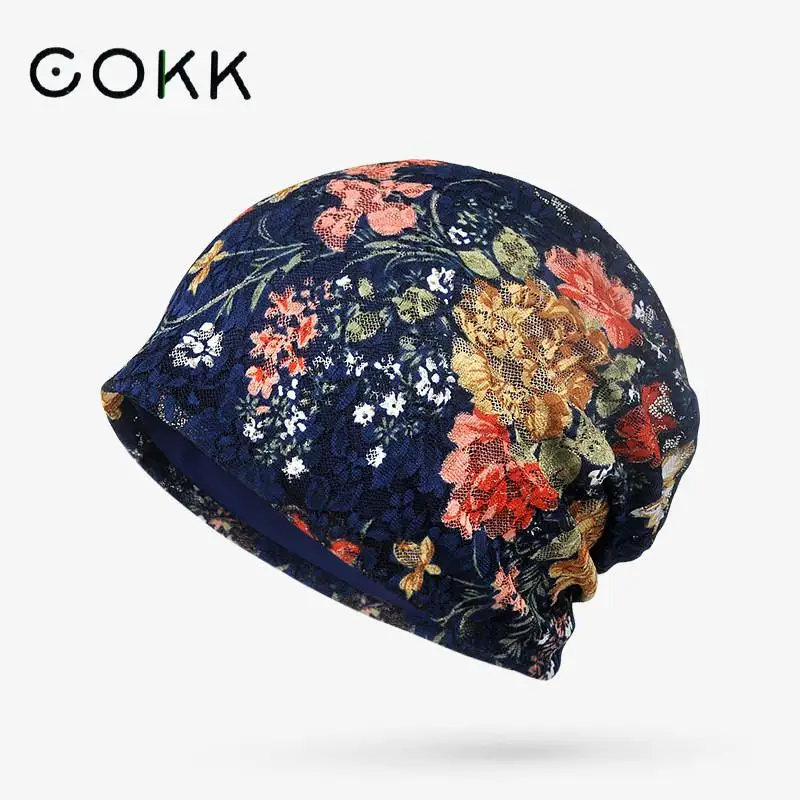 COKK Hats For Women Turban Hat Hollow Lace Flower Beanie Skullies Beanies Baggy Cap Bone Female Cap Summer Autumn Sun Hat Casual