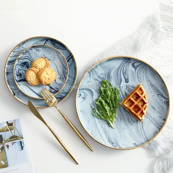 

Creative Marbled Ceramic Plates Fruit Tray Cake Dishs Steak Plate Dinnerware Breakfast Plate Round Dish tableware Home Kitchen