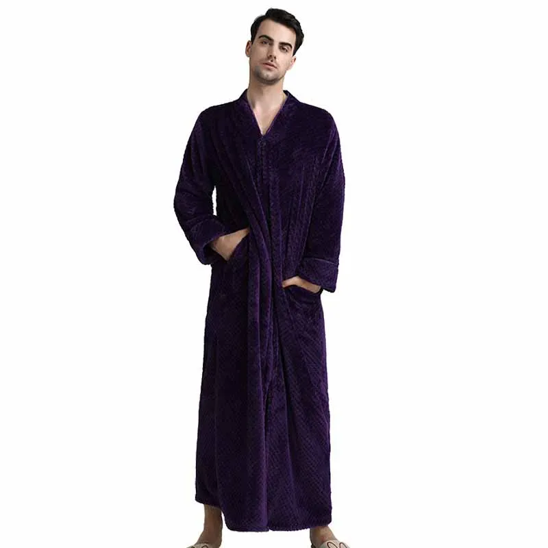 Purple Men Зимний удлиненный теплый купальный халат больших размеров, фланелевый пеньюар на молнии, Коралловый халат из флиса, халат подружки невесты - Цвет: Purple Men