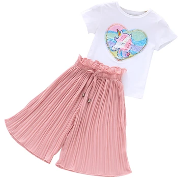 

Summer Toddler Girls Set Sequined T Shirt+Chiffon Pleated Wide Leg Leggings 2pcs Tracksuit Kids Boutique Back to School Clothes