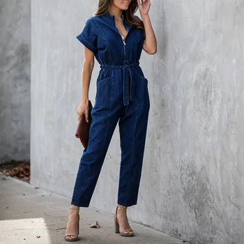 

Women Casual Denim Playsuit Zipper V-neck Short Sleeve Ankle-Length Rompers Mujer 2020