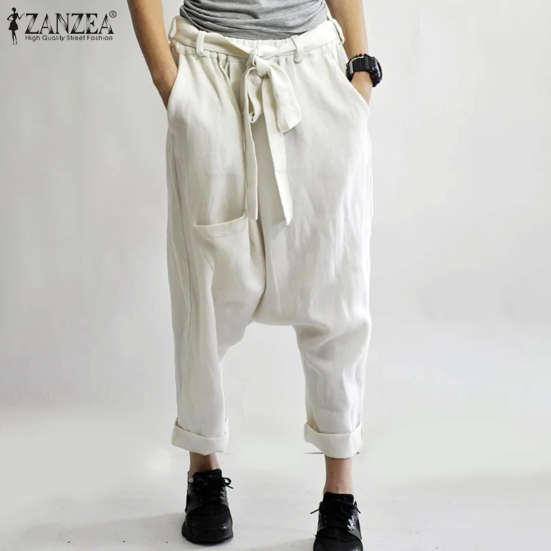 Женские брюки с заниженным шаговым швом повседневные женские длинные широкие брюки ZANZEA Модные женские шаровары с карманами с поясом