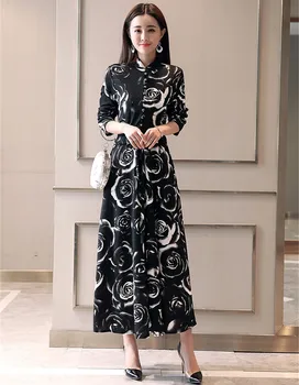 

Vintage New Spring 2020 Print Floral Dress Women Sleeve Elegant Casual Slim Long Dresses Big Size Vestidos WXF915