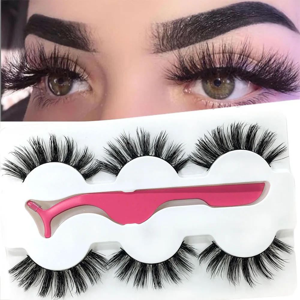 3PairsPopular Style6D100% Mink Fake Eyelashes Makeup Mink Lashes Dramatic Volume Eyelashes Extension False Eyelashes+Tweezers
