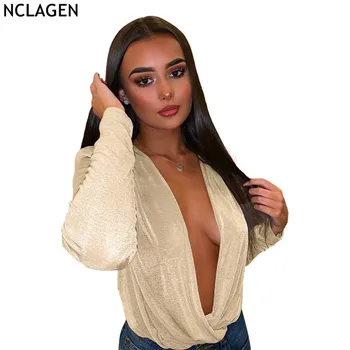 

NCLAGEN 2020 Spring Women Sexy Low Chest Deep V Neck Draped Bodysuits Long Sleeve Slim Fitness Bodycon Ladies Party Top Rompers