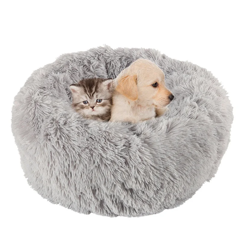 cheap Long Plush Soft Pet Dog Bed Gray Round Cat Winter Warm Sleeping Beds Bag Puppy Dog Cats Cushion Mat Portable Pets Supplies