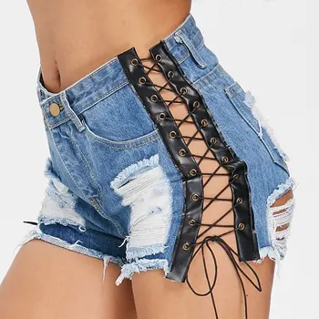 

Sexy Summer Women Denim Shorts Pathwork High Waist Ripped Short Jeans Femme Tassel Lace Up Bandage Hotpants