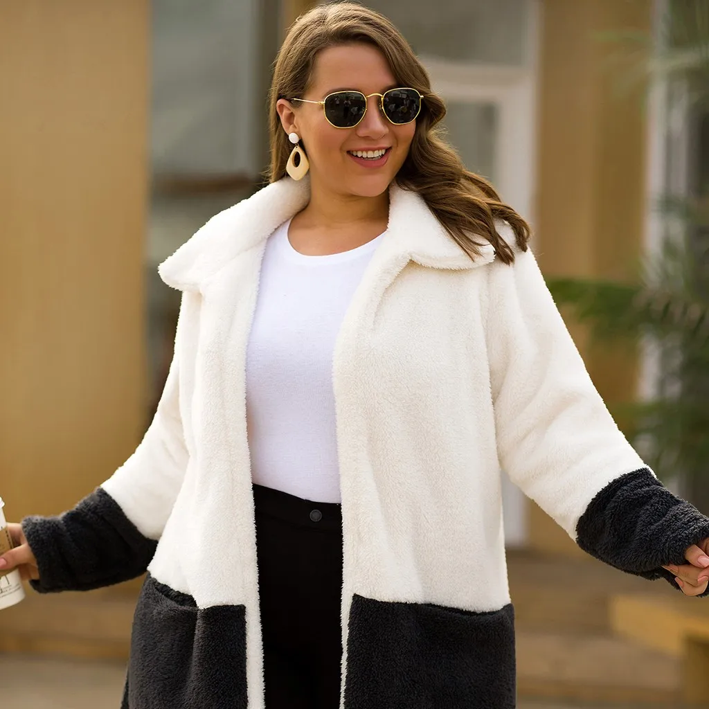 KANCOOLD пальто для женщин, большие размеры, контрастная расцветка, Прошитый карман с длинным рукавом, плюшевые Новые пальто и куртки для женщин 2019Sep27
