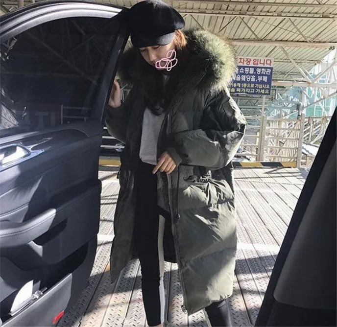 Стиль, зимний пуховик Dongdaemun в Корейском стиле, женский пуховик средней длины с большим меховым воротником, с завязками на талии, L