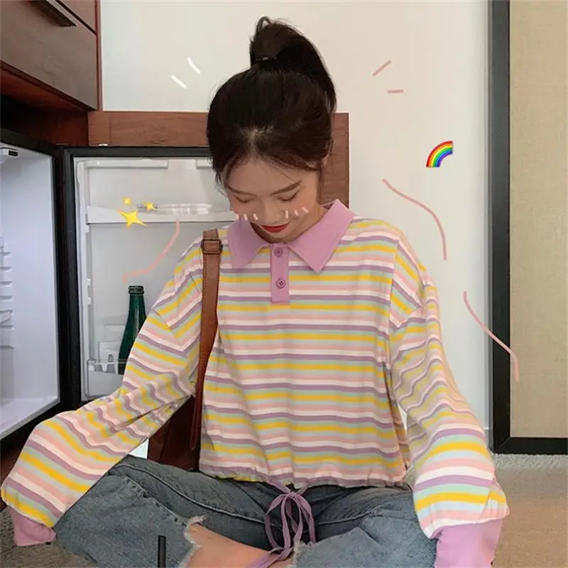 

Women's T-shirts Tops Japanese Kawaii Ladies Ulzzang Loose Sweet Rainbow Striped T-shirt Female Harajuku Clothes For Women