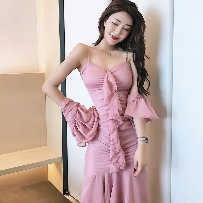 Летнее праздничное пальто Xian Qi для фотосессии тонкий кардиган с длинными рукавами+ платье на бретельках с оборками 8726