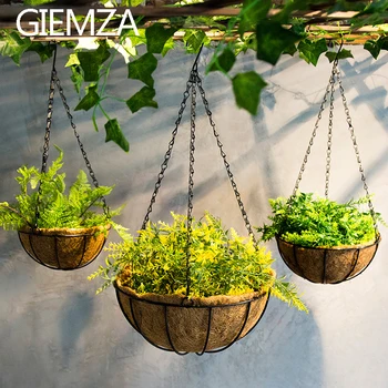 

GIEMZA Hang Flower Pot Outdoor Set Basket Pots Indoor Holder Metal Iron Palm Natural Fiber Hanger Balcony Decor