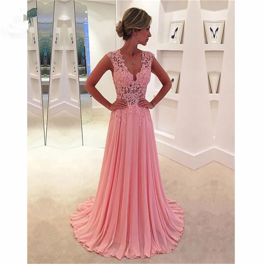 2018 Blush Roze Avondjurken Lange V-hals Chiffon Floor Lengte Applicaties See Hoewel Formele Avond Party Jurk Voor Vrouwen 2018 Blush Roze Avondjurken Lange V-hals Chiffon Floor Lengte Applicaties See Hoewel Formele Avond Party Jurk Voor Vrouwen