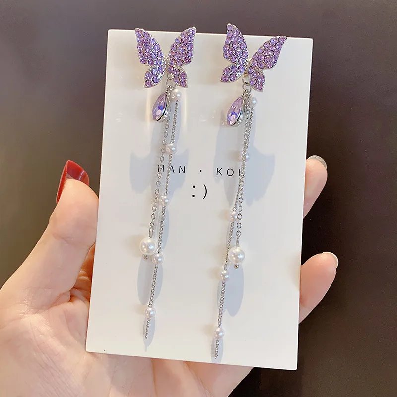 

2020 NEW Shiny Purple Glass Rhinestone Butterfly Drop Earrings For Women Elegant Long Pearl Tassel Pendientes Party Jewelry Gift