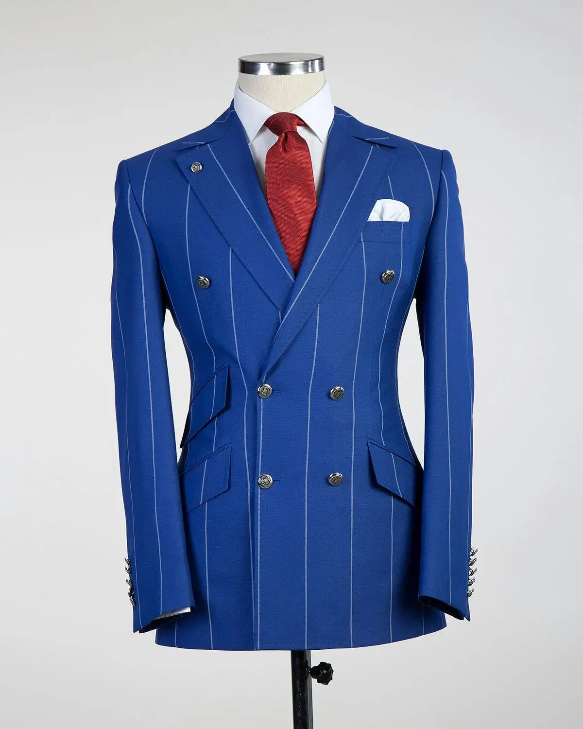 Blue Stripe Men&rsquo;s Suits Tuxedos Peaked Lapel Groom Double Breasted Wedding Blazer Trousers Formal Prom Party Coat(Jacket+Pants)