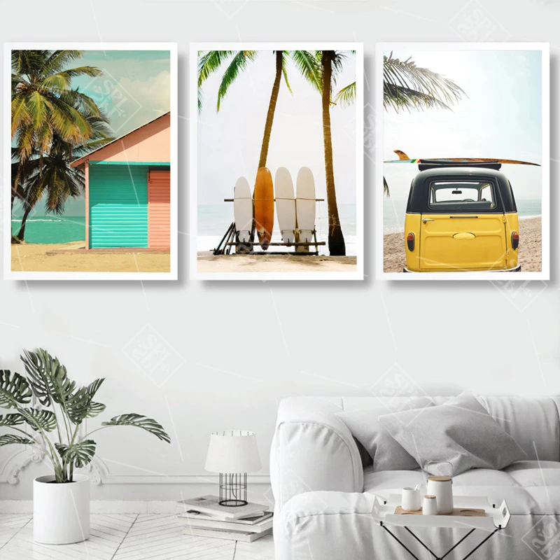 Nordic-Surf-Canvas-Painting-Coconut-Tree-Wall-Pictures-Travel-Bus-Landscape-Home-Decoration-Living-Room-Art